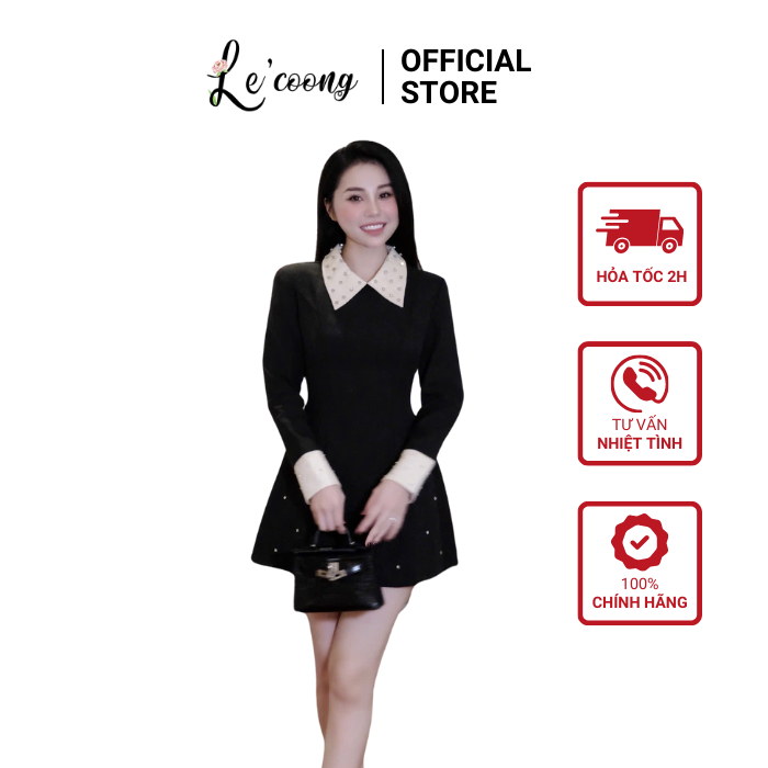 Váy Đẹp  Dáng Ngắn Phối Cổ Trắng  LECOONG V697 Đầm Thiết Kế Sang Chảnh Màu  Đen