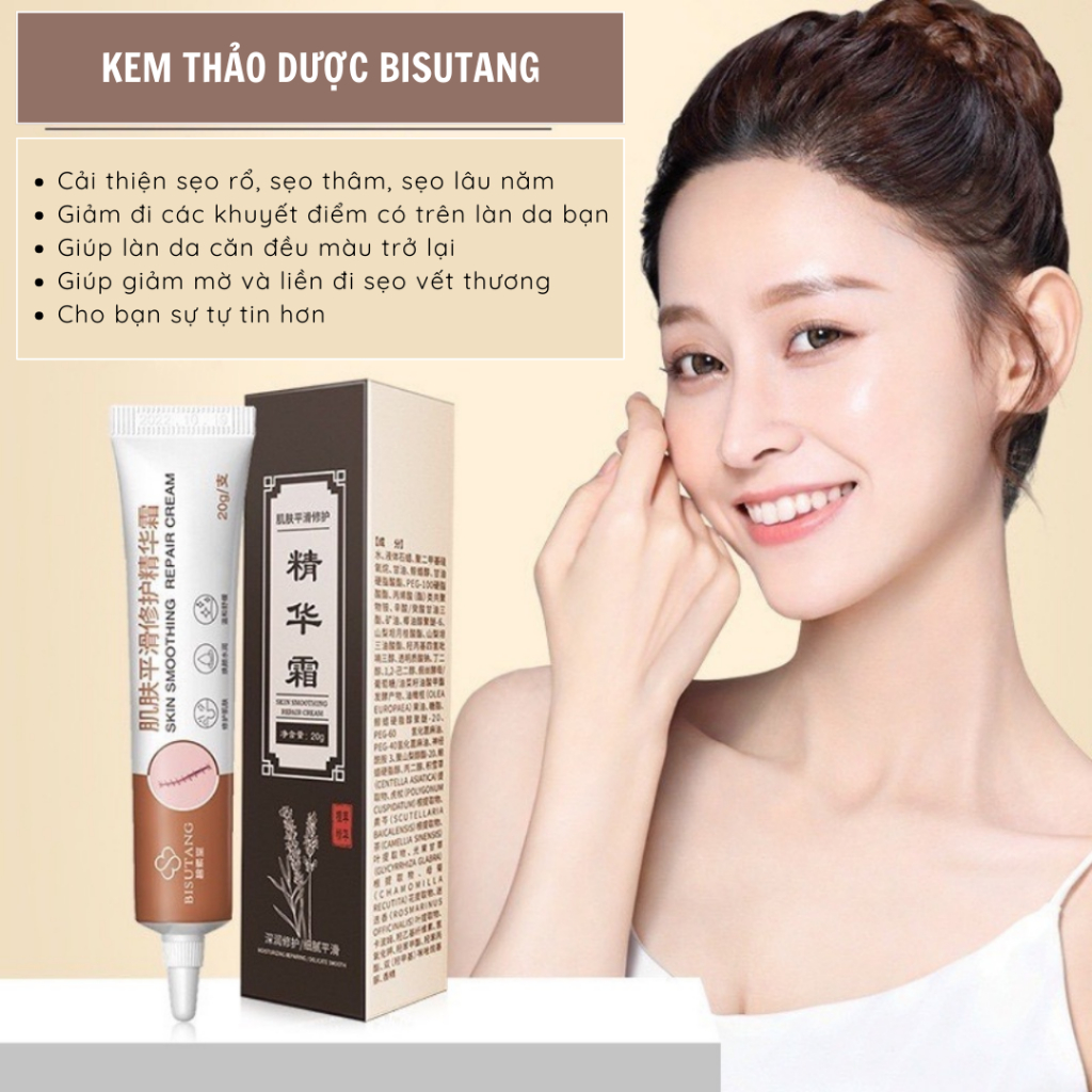 Kem bôi liền sẹo thảo dược BISUTANG - Kem giúp liền sẹo, cải thiện sẹo lồi lõm, lâu năm, sẹo rỗ, sẹo do vết thương sâu