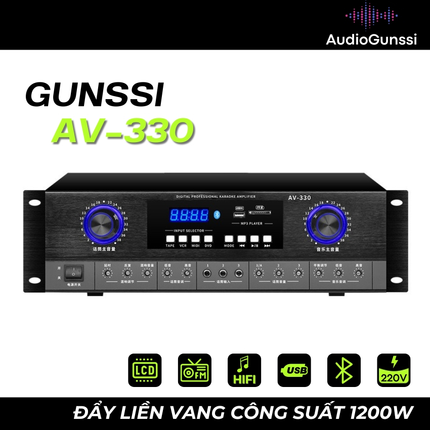 Đẩy liền vang công suất lớn Gunssi AV-330, cục đẩy công suất liền vang 1200W, chống hú rít, đẩy liền