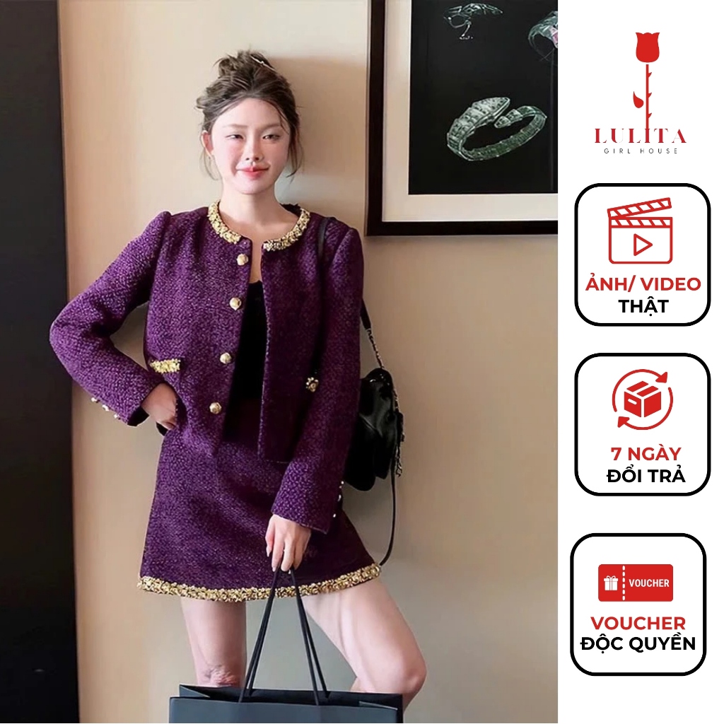Set Áo Khoác Tweed Dạ Tím Cao Cấp Đính Đá Sang Trọng - Thời Trang Thu Đông Dự Tiệc Sang Chảnh Cho Nữ