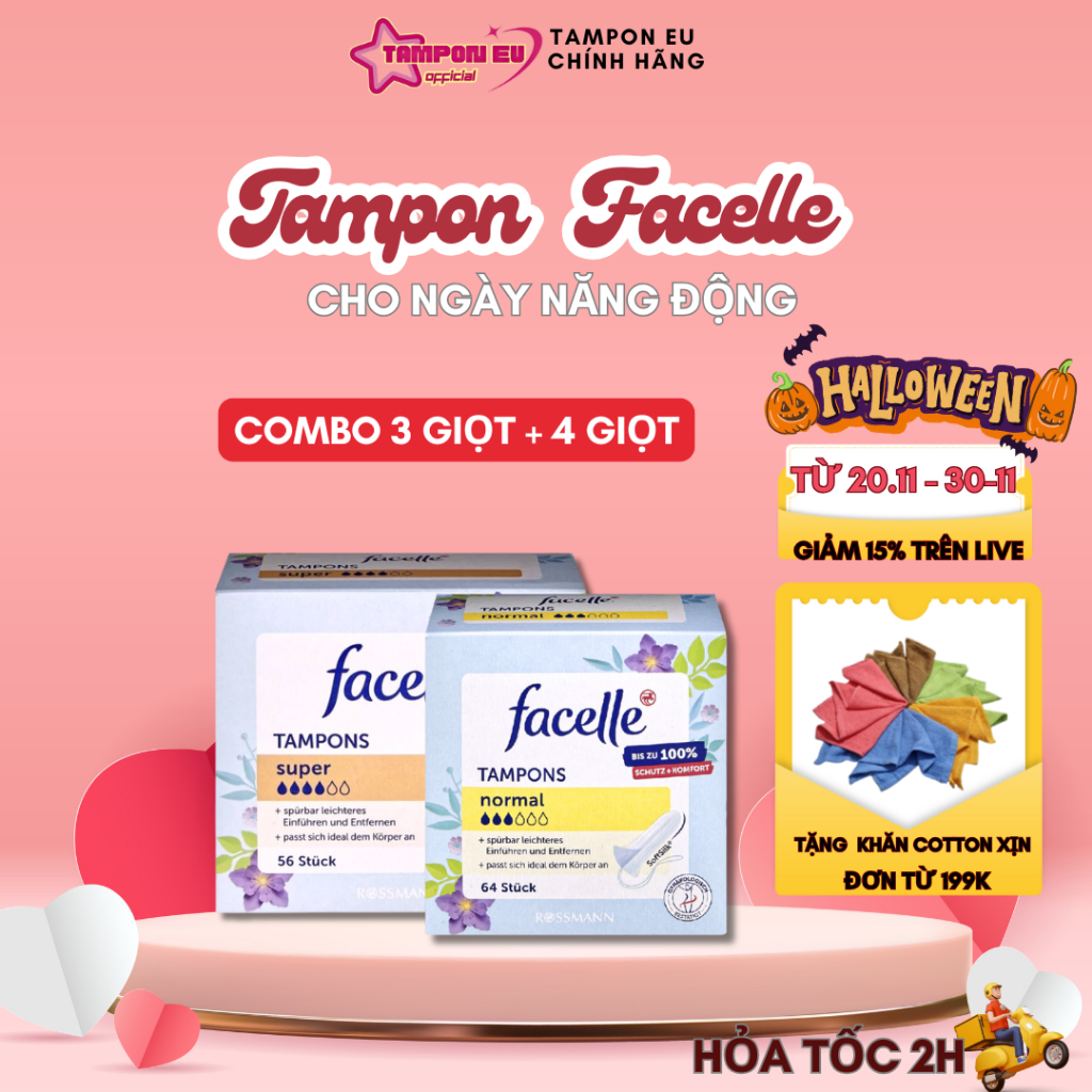 Combo băng vệ sinh Tampon Facelle 3 giọt + 4 giọt - khô ráo thoáng mát - có thể đi bơi