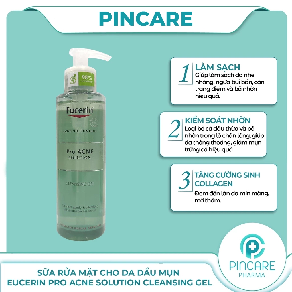 Sữa rửa mặt cho da dầu mụn Eucerin Pro ACNE Solution Cleansing Gel 200ml - Hàng chính hãng - PINCARE Health & Beauty