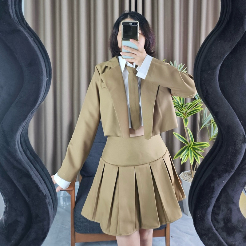 set  vest lửng croptop phối chân váy kèm áo sơ mi ngắn tay dài thanh lịch(kèm ảnh video thật)(BB3)