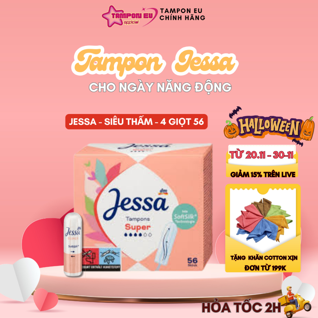 Băng vệ sinh Tampon Jessa size 4 giọt 56 dạng ống thoải mái đi biển, đi bơi không sợ trào tràn,thoáng mát nhập khẩu Đức
