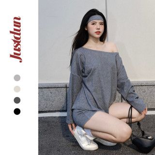 [Kèm băng đô] Set bộ áo và quần 3 món lệch vai len lông thỏ basic Justdun ST01