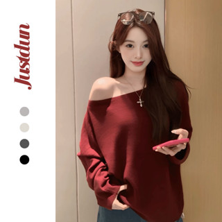 Áo dài tay lệch vai chất len lông thỏ thu đông basic Justdun L01