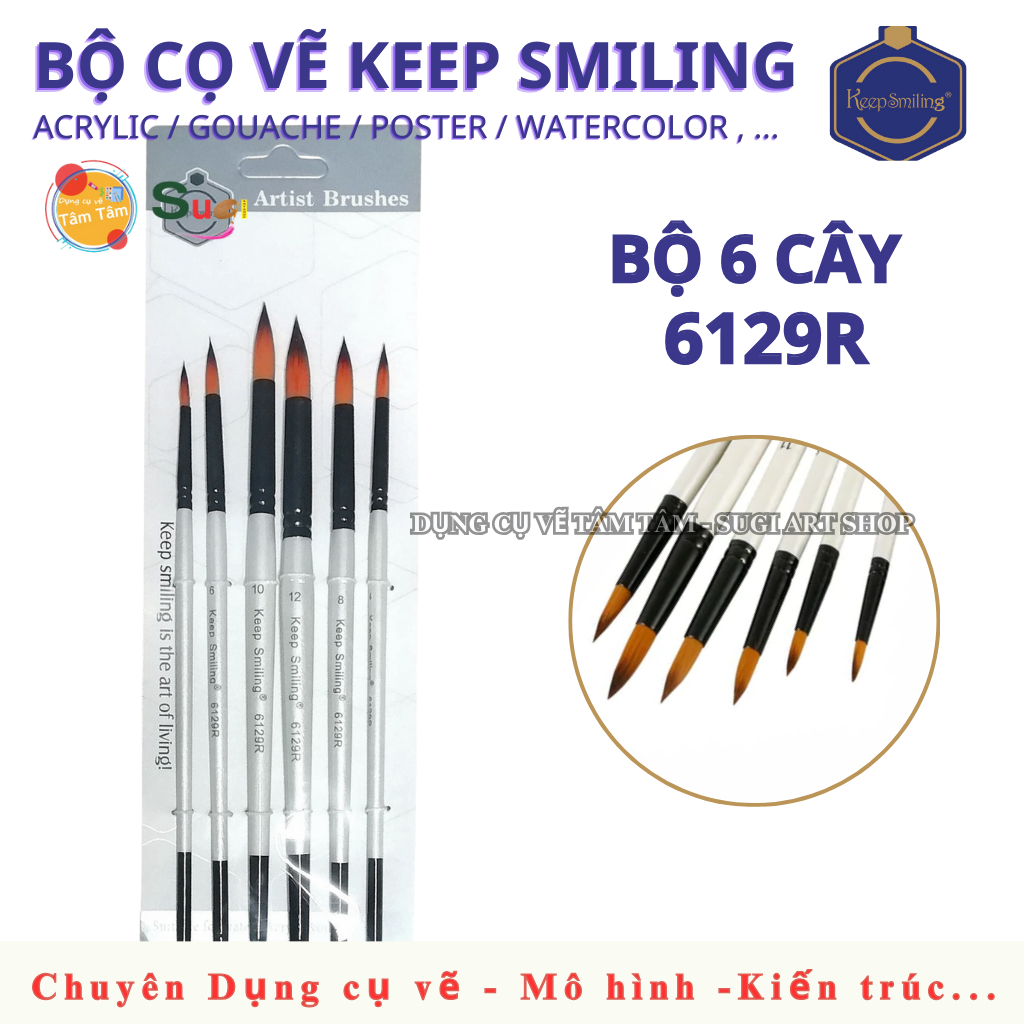 [TÂM TÂM] Bộ Cọ Vẽ Thân Trắng Keep Smiling 6129 (6 Cây) – Cọ Vẽ Acrylic, Gouache, Watercolor