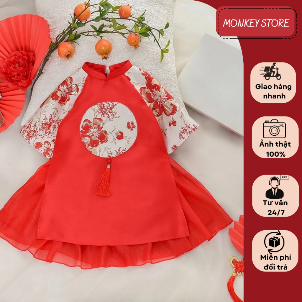 Set áo dài bé gái phối gấm hoa đào 2 mầu đỏ hồng ,sét áo dài trẻ em MONKEY KIDS full size