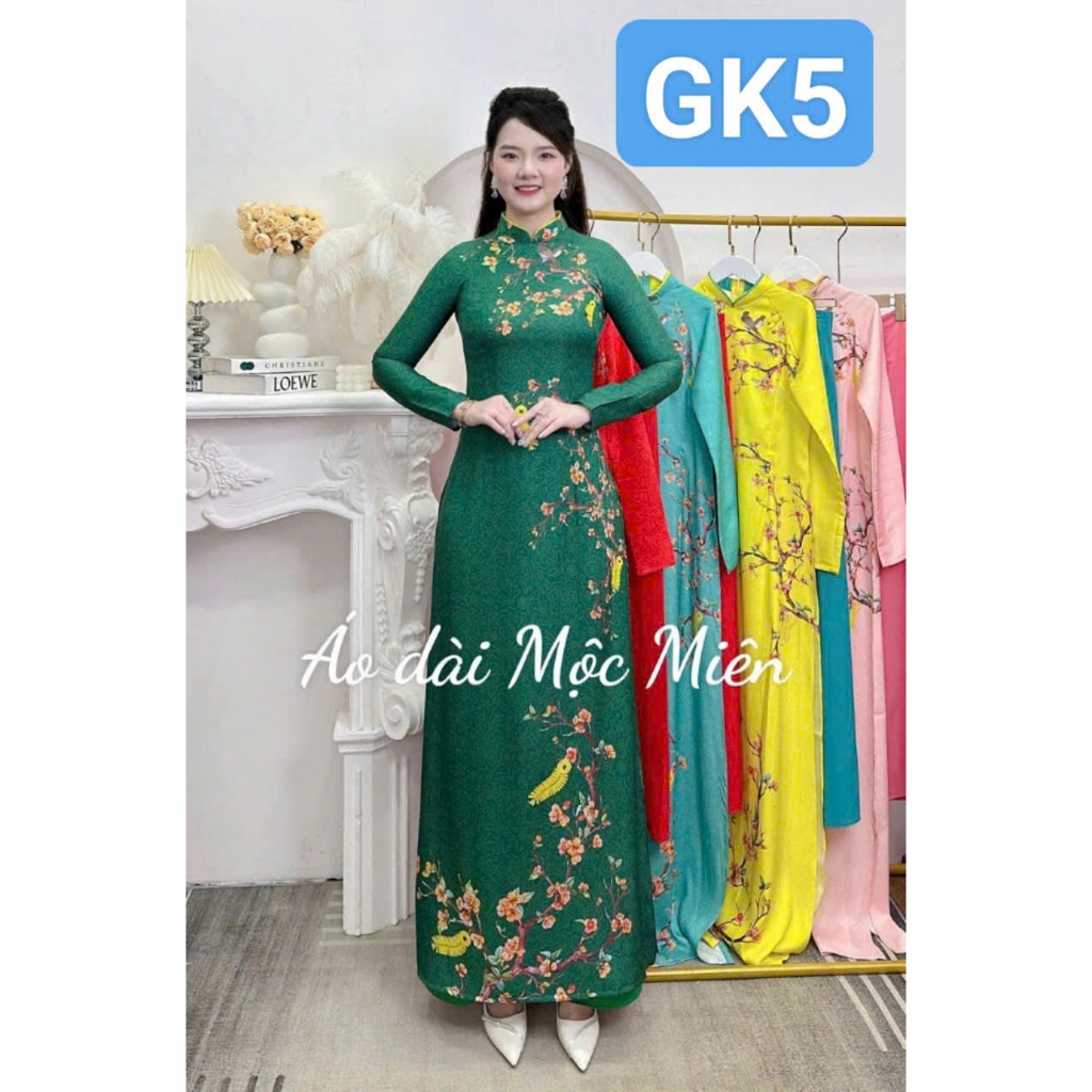 Áo GẤM TƠ TẰM + in kỹ thuật số 3D + cổ cao + xanh lá (GK5)