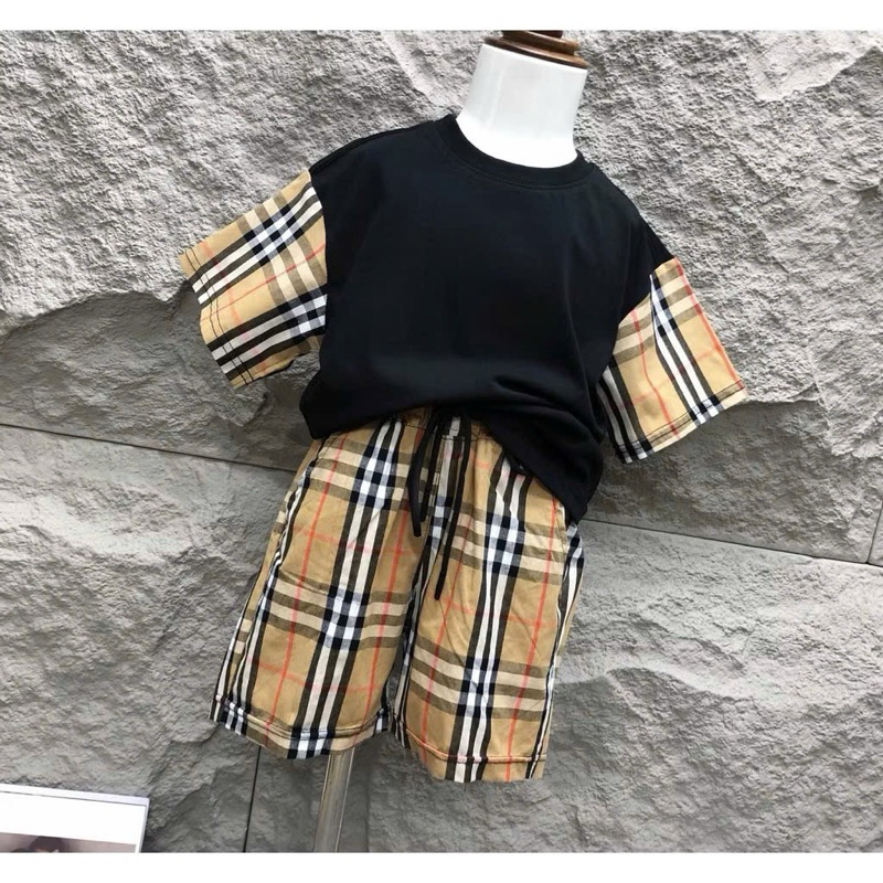 Set Quần+ Áo thun cotton kẻ nâu cho bé trai bé trai phối màu Basic cực xinh