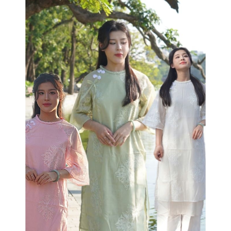 [FREE SHIP] ÁO DÀI VẢI TƠ THÊU HOA 4 TÀ giá thanh lý kho