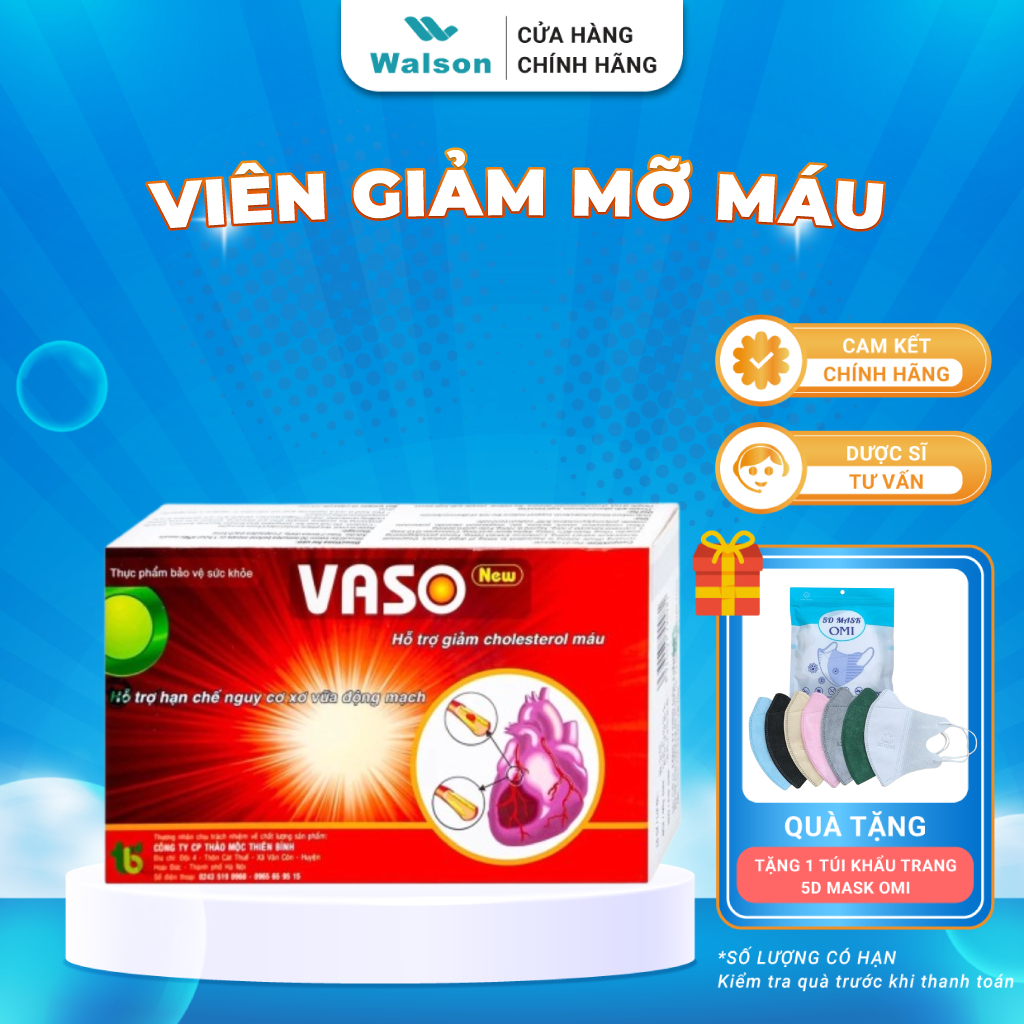 Viên Uống Giảm Mỡ Máu Vaso New Giúp Giảm Nguy Cơ Xơ Vữa Động Mạch, Nhồi Máu Cơ Tim (Hộp 30 Viên)