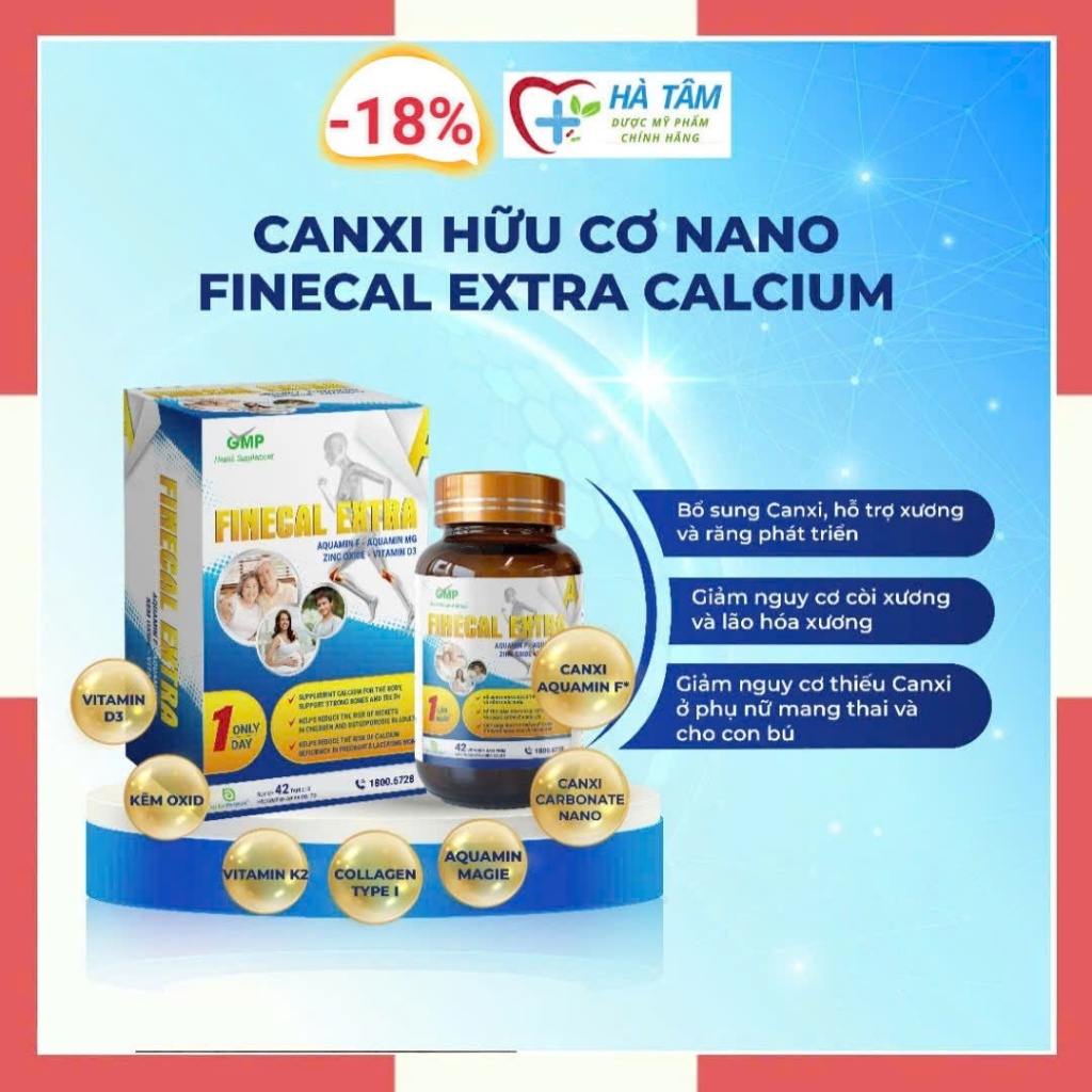 Viên uống bổ sung Canxi Hữu Cơ Nano Finecal Extra Calcium, hộp 42 viên - Canxi Tảo đỏ kết hợp Vitami
