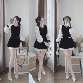 ĐẦM XỐP NỔI LOANG XANH NAVY PHỐI TAY ĐEN
