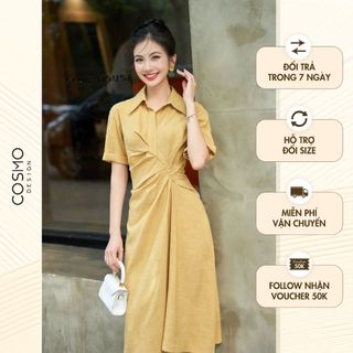 Váy đầm nữ thiết kế dáng xoè vàng đũi xếp dúm eo cổ sơ mi trẻ trung năng động 11507