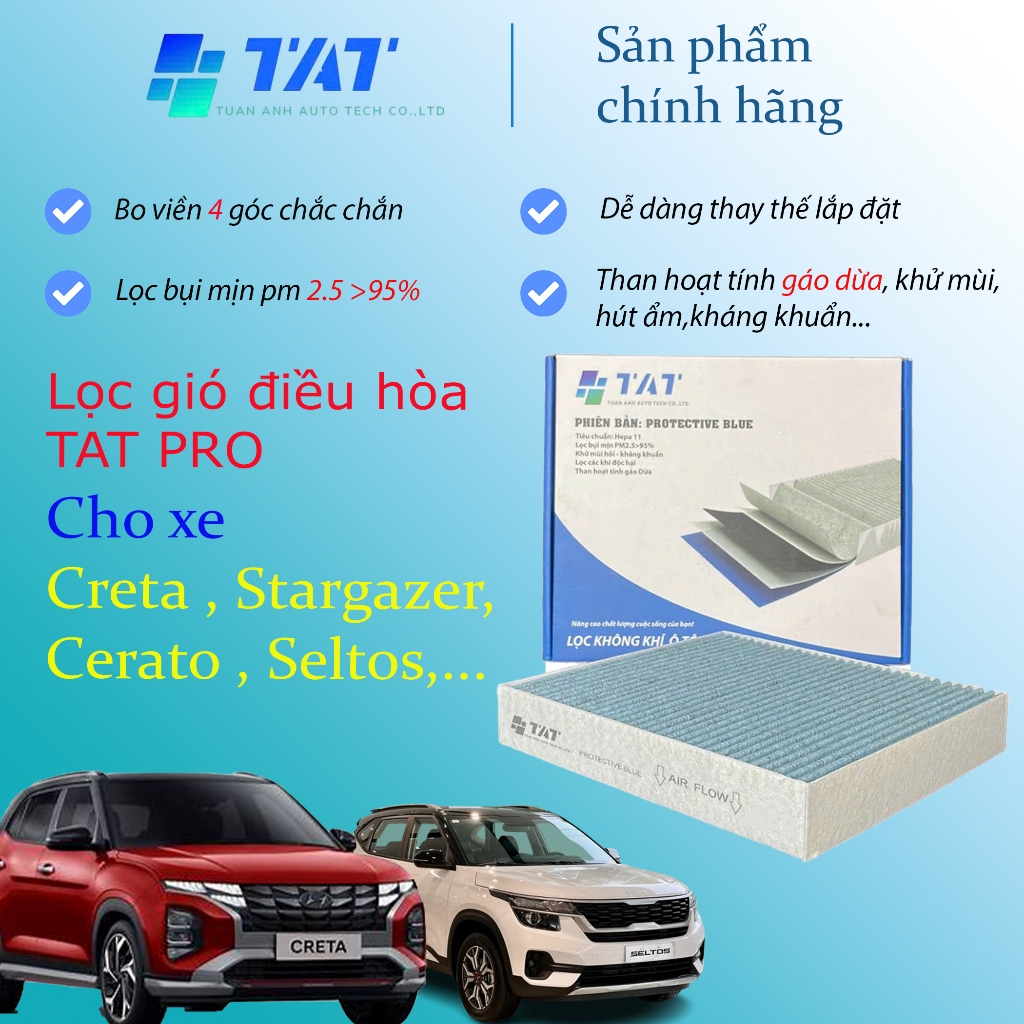 Lọc gió điều hòa Creta, Stargazer, Elantra, Cerato, Seltos, K3 | TAT-Protective Blue | 97133-F2000