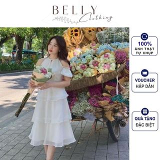 M55 - Váy Tơ Cổ Yếm Tiểu Thư BELLY Clothing, Váy Gam Màu Trắng, Form Dáng Xếp Tầng, Cổ Yếm Hở Vai Điệu Đà