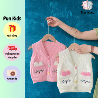 Áo gile len bé gái PunKids, áo gile họa tiết túi mèo màu hồng, màu kem chất len mền mịn cho bé gái từ 8 - 18kg AMĐ21