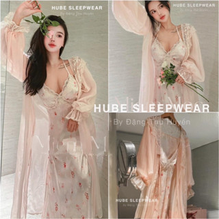 < Có sẵn > ( CAO CẤP ) Váy Ngủ Lụa Kèm Áo Choàng Ren Hoa Nhí Lyly Dáng Dài Tiểu Thư QC Loại 1 Chuẩn Ảnh - Hube Sleepwear
