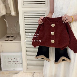 [HÀNG SẴN] S214 Set áo khoác len cardigan màu đỏ noel + quần ống loe viền lông dành cho bé gái dễ thương thu đông ấm áp