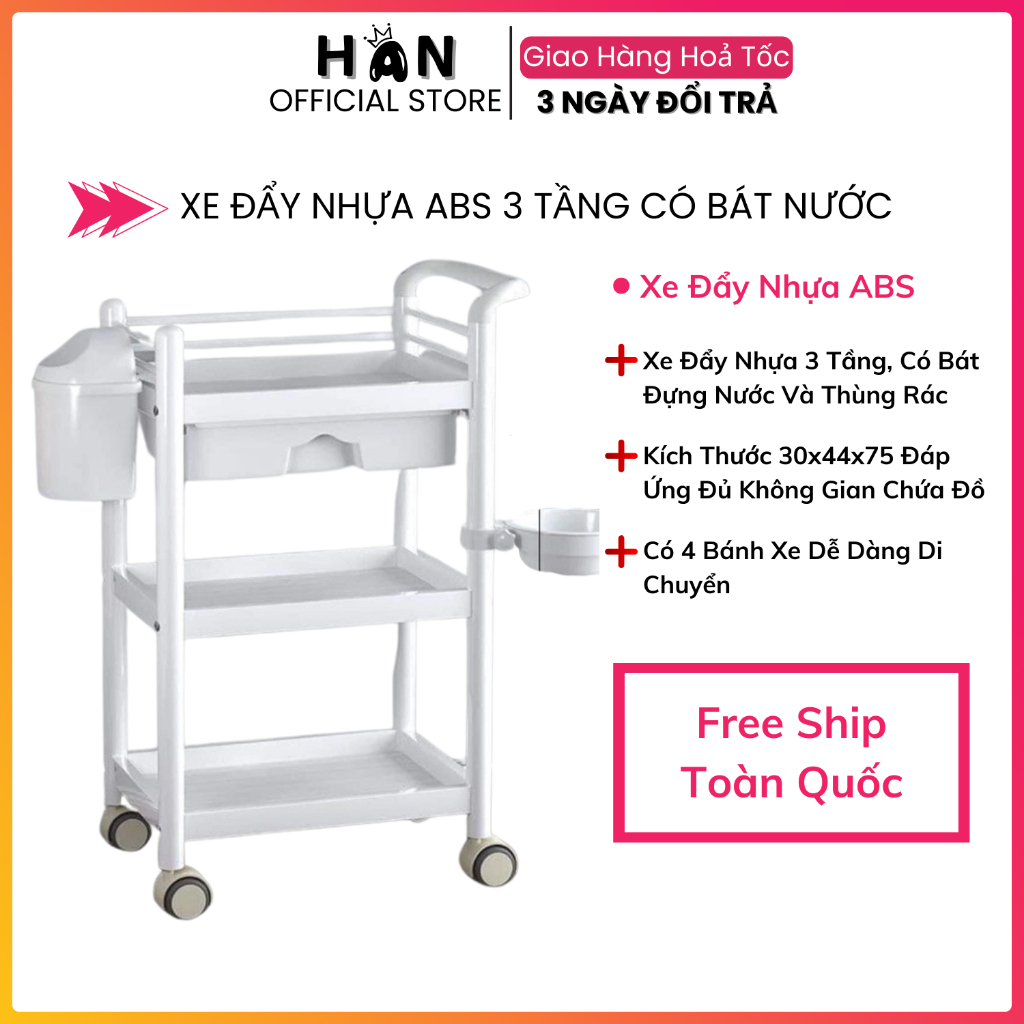 Xe Đẩy Nhựa 3 Tầng Spa | Kệ Đẩy Nhựa 3 Tầng Kèm Bát Nước Và Thùng Rác Mini Dành Cho Spa, Thẩm Mỹ Viện, Xe Đẩy Inox 2 Bát
