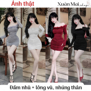 Đầm ôm body nữ trễ vai form ngắn tay dài viền lông ngực chất nhũ nhúng đỏ trắng đen xám mặc Noel Tết đi chơi đi tiệc