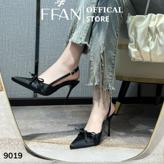 Giày cao gót mũi nhọn hở gót slingback [lụa satin mềm mại] 9019 FFAN STORE, gót nhọn 7 9 phân đính nơ big size màu đen