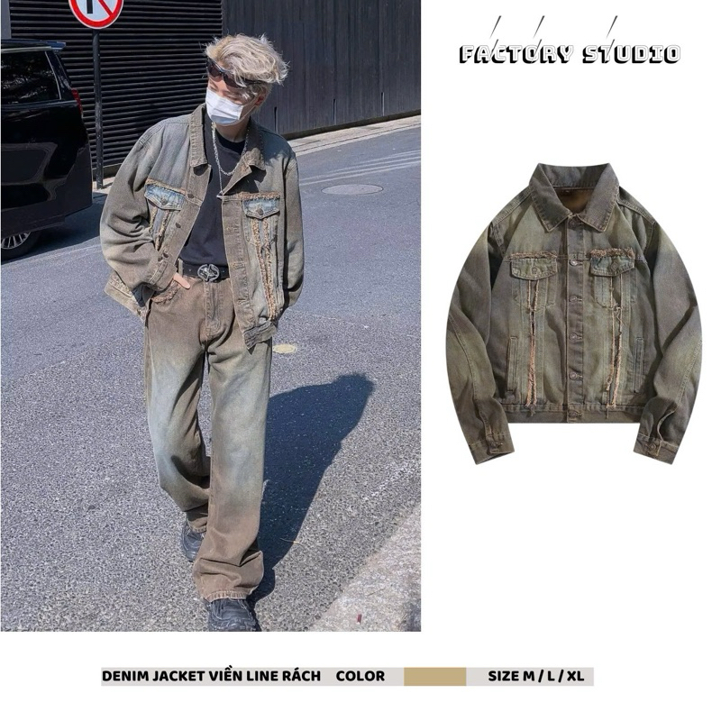 Áo Khoác Denim Jacket Unisex Viền Line Rách Màu Nâu Wash.