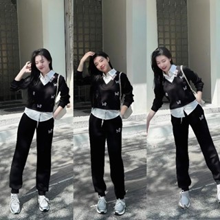 Set bộ thu đông nữ bigsize 60-92kg, bộ đồ thom in cún áo tay dài phối sơ mi mix quần dài bo ống