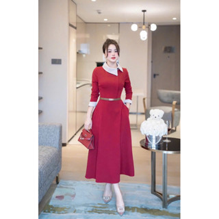  Váy thiết kế A84 dáng xoè dài tay phối màu be cổ bẻ kèm đai sang trọng cho nữ đi làm đi tiệc đi chơi 