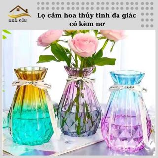 Lọ hoa thuỷ tinh đa giác tặng kèm nơ bình hoa cao cấp cổ nhỏ