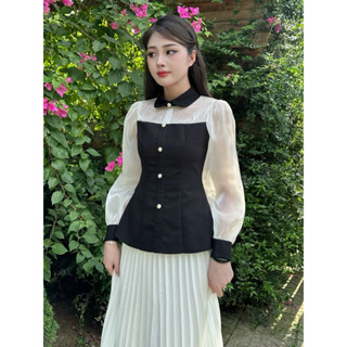 Áo sơ mi nữ kiểu dài tay dáng Peplum thiết kế cổ sơ mi phối tơ đi làm đi chơi style Hàn Quốc trẻ trung Meli Shirt
