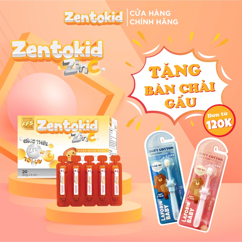 Siro bổ sung kẽm và vitamin C  ZENTOKID ZINC Tăng Sức Đề Kháng Tăng Miễn Dịch Giảm Ốm Vặt Cho Bé Hộp 20 ống