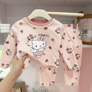 (8-20kg) Combo 2 Set Bộ Quần Áo Dài Tay Chất Cotton Nỉ Dày Dặn, Phối Ren Họa Tiết Kitty Cho Bé Gái Thu Đông - BABY236