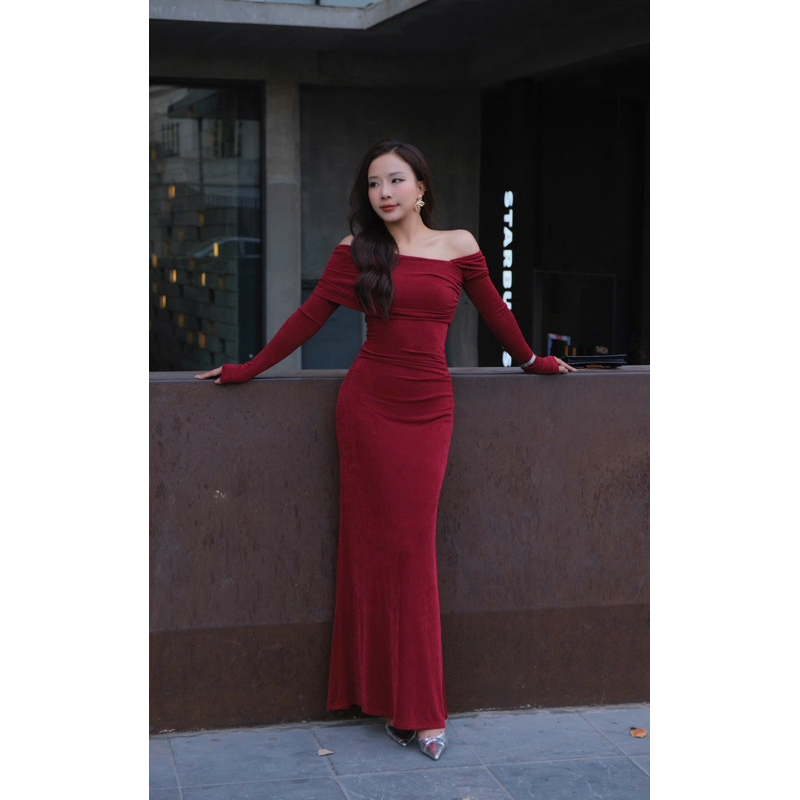 Váy Body Tay Dài Trễ Vai Nhún Eo Tùng Đuôi Cá Chất Thun Nhũ Mềm Mịn Co Dãn, Váy 2 Lớp Màu Đỏ Đen MioLady | BigBuy360 - bigbuy360.vn