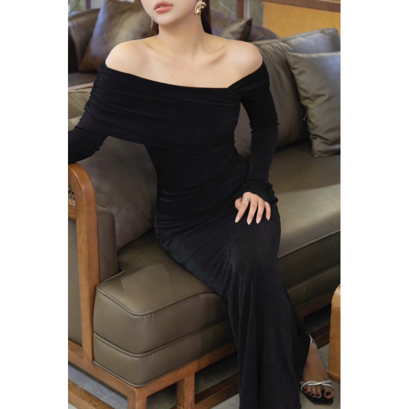 Váy Body Tay Dài Trễ Vai Nhún Eo Tùng Đuôi Cá Chất Thun Nhũ Mềm Mịn Co Dãn, Váy 2 Lớp Màu Đỏ Đen MioLady | BigBuy360 - bigbuy360.vn