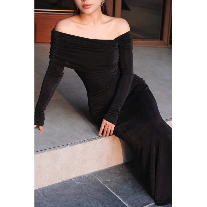 Váy Body Tay Dài Trễ Vai Nhún Eo Tùng Đuôi Cá Chất Thun Nhũ Mềm Mịn Co Dãn, Váy 2 Lớp Màu Đỏ Đen MioLady | BigBuy360 - bigbuy360.vn