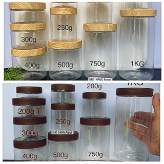 Hủ Nhựa Nâu/ trong suốt (SET 5 HỦ)  có Nắp Lot - Hủ Pet nắp màu gỗ 100gr/ 200gr/ 250g/ 300g/ 500g đựng Mỹ phẩm Ok