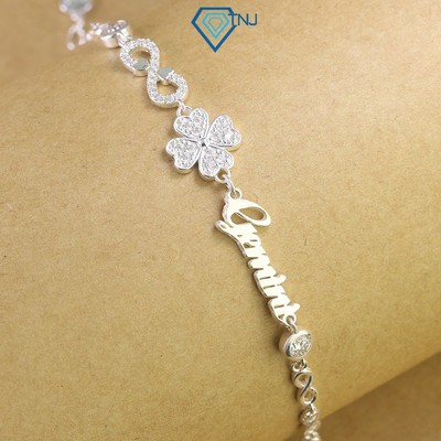 Lắc tay đính full Moissanite bạc nữ 4ly cỏ bốn lá khắc tên theo yêu cầu kèm thẻ tra cứu cao cấp LTNM0015 - TNJ