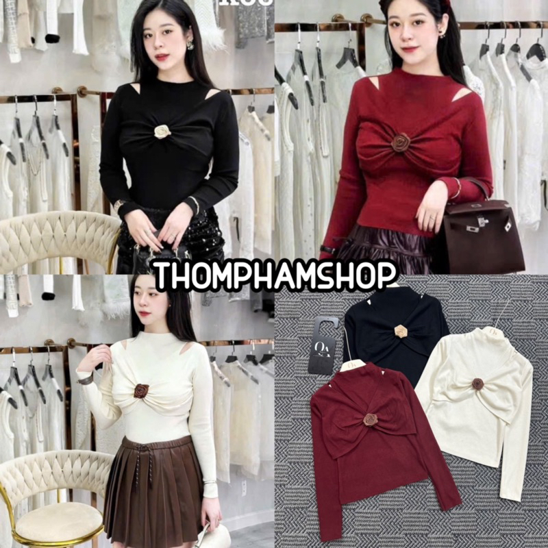 Áo len thỏ rúm nơ trễ vai đính hoa