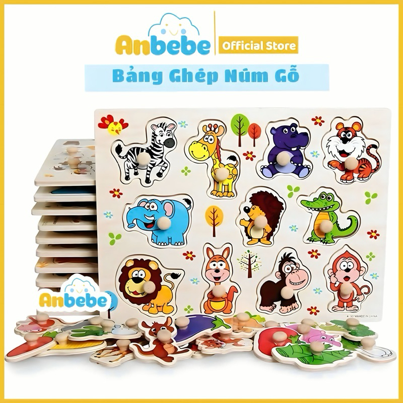Đồ chơi bảng ghép hình núm gỗ ANBEBE Bảng gỗ có núm, tranh núm cho bé nhiều chủ đề ( LOẠI 1)