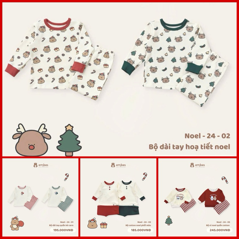 Bộ dài tay quần caro noel Embes cho bé trai bé gái thu đông