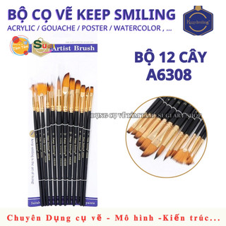 [Bộ 12 Cây] Cọ Vẽ Keep Smiling A6308 – Cọ Acrylic / Gouache / Màu Nước – Bộ Cọ Mỹ Thuật Đa Năng Giá Rẻ