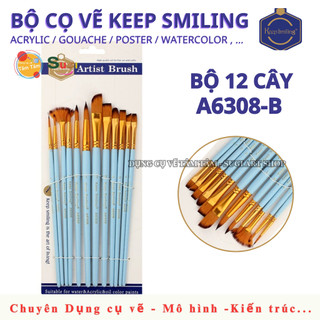 [Bộ 12 Cây] Cọ Vẽ Keep Smiling A6308 – Cọ Acrylic / Gouache / Màu Nước – Bộ Cọ Mỹ Thuật Đa Năng Giá Rẻ