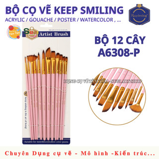 [Bộ 12 Cây] Cọ Vẽ Keep Smiling A6308 – Cọ Acrylic / Gouache / Màu Nước – Bộ Cọ Mỹ Thuật Đa Năng Giá Rẻ