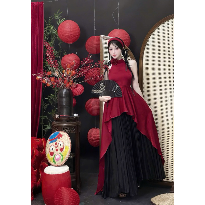 Set áo yếm lụa chân váy tơ xoè tag hoa cài tóc TKCC