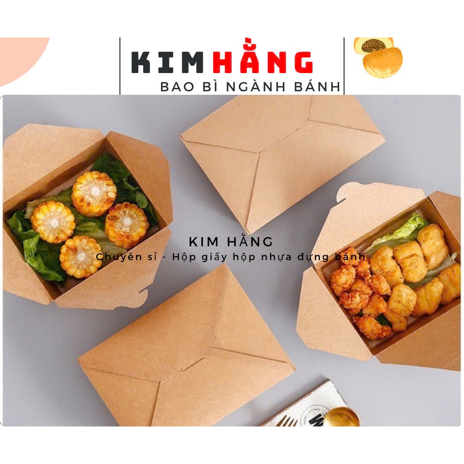 50 hộp giấy kraft đựng thức ăn mang đi , hộp giấy kraft nắp gài chéo 1400ml