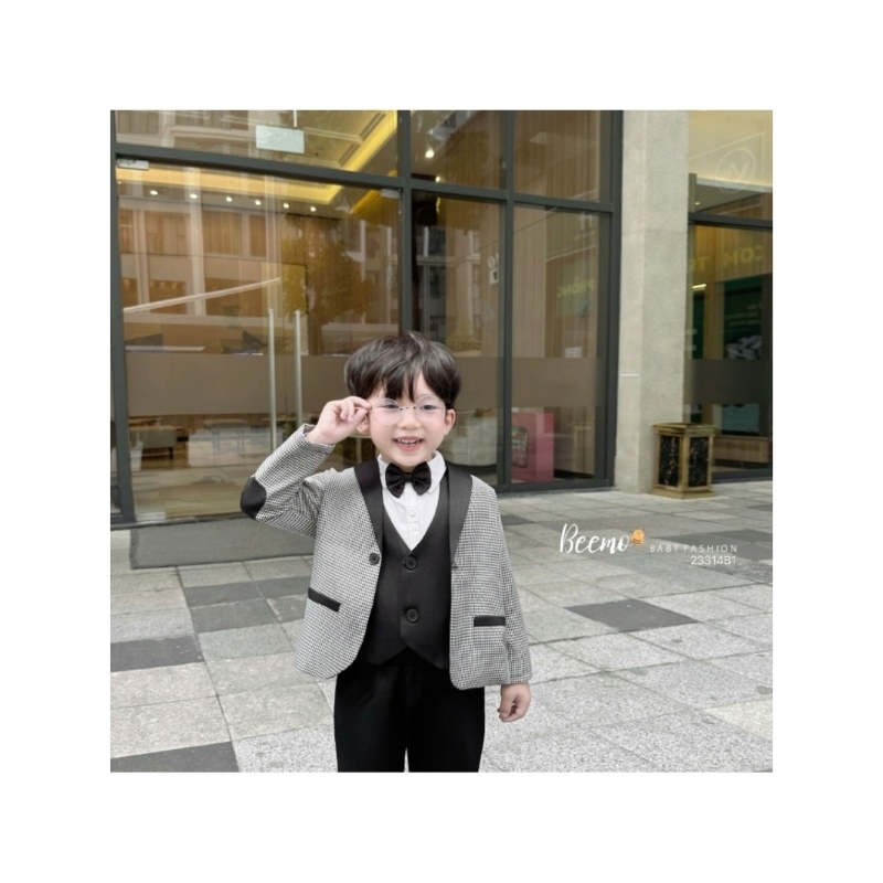 set vest cho bé trai, set vest gile công tử 5 chi tiết kèm nơ phong cách Hàn Beemo bé trai 1 tuổi đế