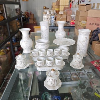 Bộ Thờ Cúng Lư Hương, Đĩa Trái Cây, Bình Hoa, Áng 5, Áng 3 Bạch Ngọc Sen Trắng