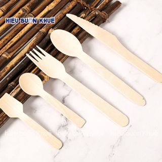 100 Muỗng Gỗ, Nĩa Gỗ, Dao Gỗ Ăn Bánh Kem, Bánh Bông Lan, Muỗng Dùng 1 Lần